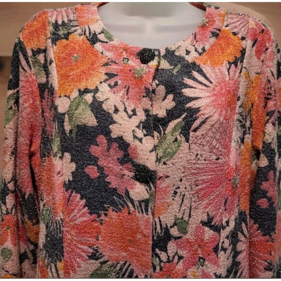 Susan Graver Pink Orange Sparkle Floral Knit 3 Button Long Blazer Jacket Sz S - Picture 2 of 8